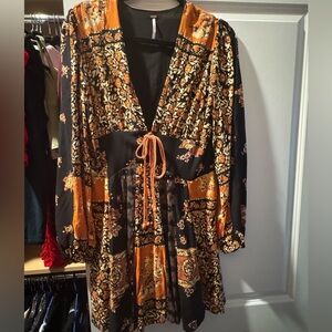 Free People Brown and Black Wrap Sundress with Bishop Sleeves